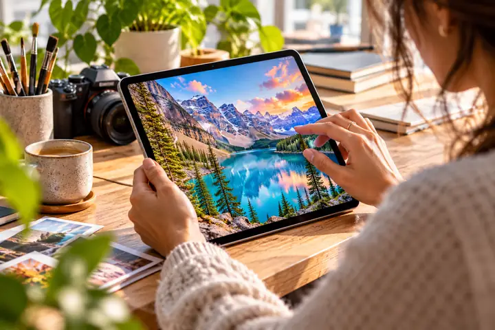 Nahaufnahme von Händen, die an einem hellen kreativen Arbeitsplatz ein farbenfrohes Foto auf einem Tablet bearbeiten.