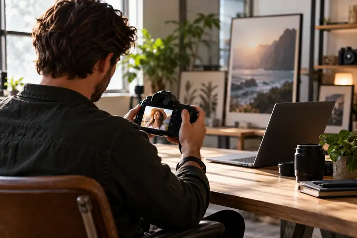 Fotograf, der neben einem Laptop in einem ruhigen Bearbeitungsstudio ein helles Porträt überprüft.