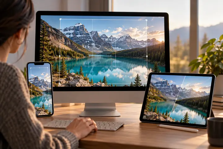 Minimalistische Illustration eines Desktop-Monitors, Tablets und Smartphones mit Bildeditor-Layouts.