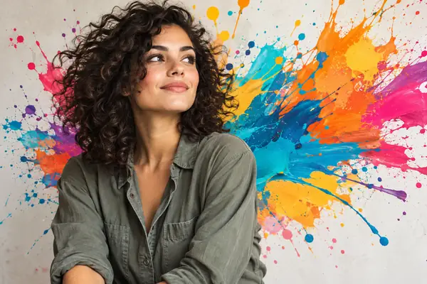 Redaktionelle Illustration einer Frau mit dunklem, lockigem Haar neben bunten Farbspritzern, ab der Taille dargestellt.