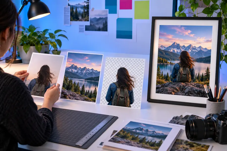 Photoshop-style image editing workspace with layers and adjustment tools